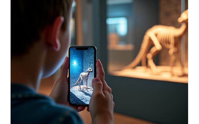 Bezoeker kijkt door een telefoon naar een virtuele dinosaurus in een natuurhistorisch museum, AR-overlays