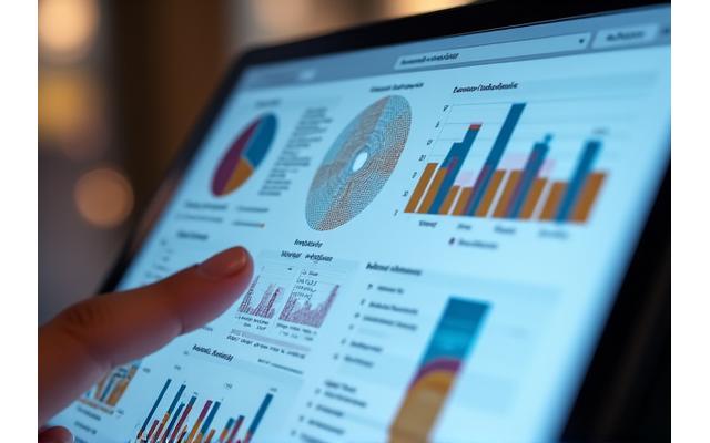 Dashboard met grafieken en kaarten die bezoekersanalysegegevens tonen, met blauwe en grijze tinten