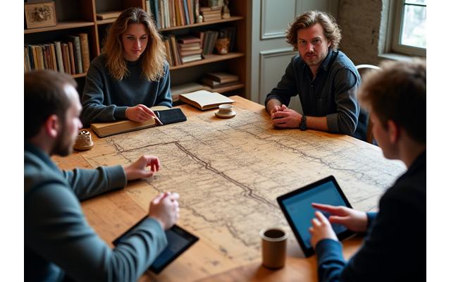 Twee historici bespreken oude documenten aan een tafel, boeken en een tablet
