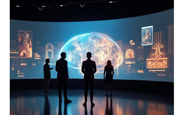 Persoon bekijkt een virtuele tentoonstelling op een groot scherm met historische artefacten