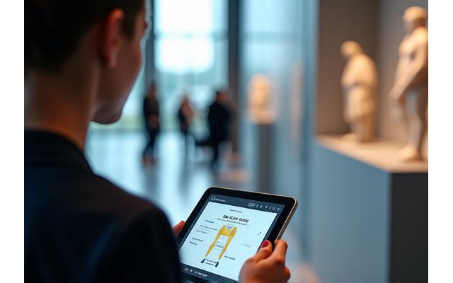 Persoon gebruikt een interactieve digitale gids op een tablet in een museum