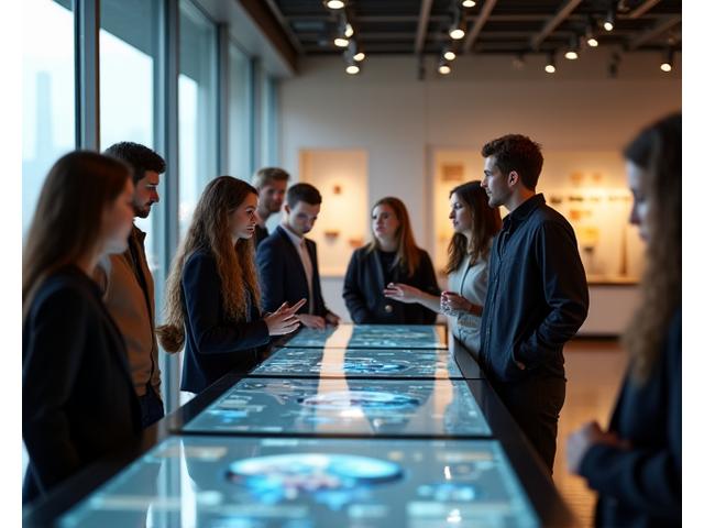 Een groep mensen die samenwerken in een modern, open kantoormuseum, omringd door tentoonstellingsstukken en digitale schermen.